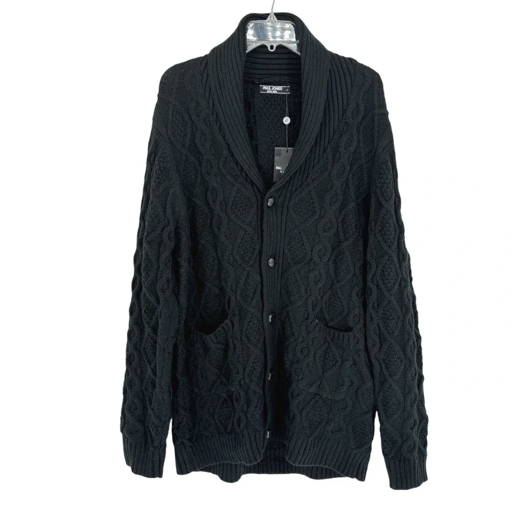 Paul Jones Men's Black Cable Knit Shawl Collar Cardigan Sweater Size Large NWT